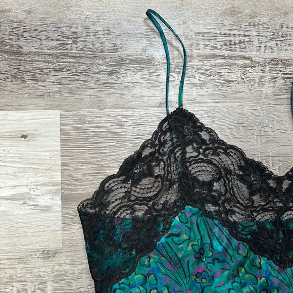 Vintage Cacique Satin Lace Slip Dress Floral Teal Black Lingerie M - Picture 2 of 7